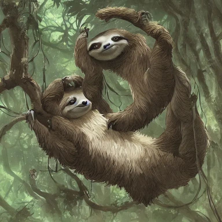 Image similar to A playful cute sloth talking to a shy fairy. award winning. superb resolution. in the art style of junji Ito and greg rutkowski. Detailed dark forest in background. Hyper realistic anime. Perfect art.