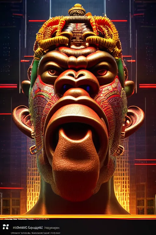 Image similar to high quality 3 d render post - rococo cyberpunk hanuman! head building, neon madhubani, open mouth, highly detailed, in sci - fi new delhi, cinematic smooth unreal engine, lee madgwick & liam wong, dramatic light, low angle, uhd 8 k, sharp focus