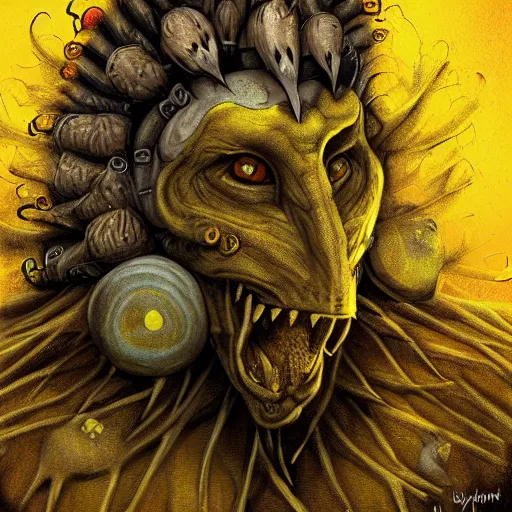 Image similar to portrait of yellow lizard priest, shaman, cult attire, antropomorphic, fantasy digital art, art station