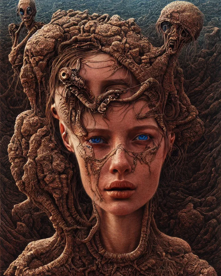 Image similar to ultra realist intricate detailed portrait of a single rugged attractive female on an alien landscape, insanity, accurate features, apocalyptic, very intricate details, 8 k resolution, dim lighting, volumetric lighting, artstyle zdzisław beksinski and keith thompson, award winning