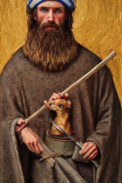 Prompt: Slavic dog head man, woolen torso in medieval clothes, Orthodox Saint Christopher, oil painting, hyperrealism, beautiful, high resolution, trending on artstation, holding axe,