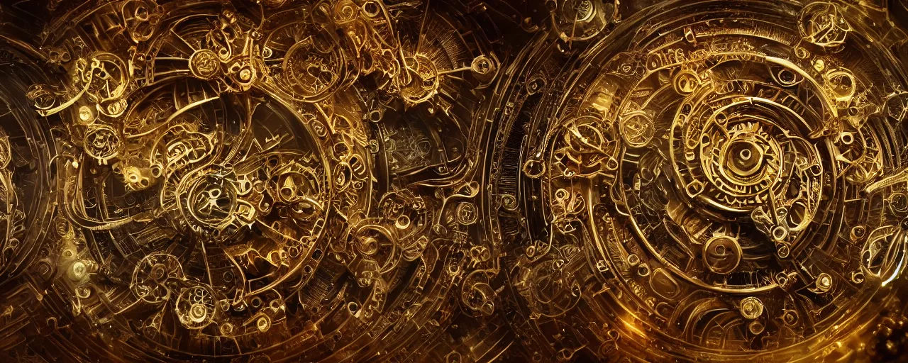 Prompt: dynamic composition, intricate layered golden clockwork machine with cogs, super detailed, by karol bak, jean deville, and jesse king, otherworldly, fractal structures, arcane, clockface, inscribed runes, ornate gilded cosmic machine, spirals, featured on cgsociety, unreal engine, 8 k, cinematic lighting