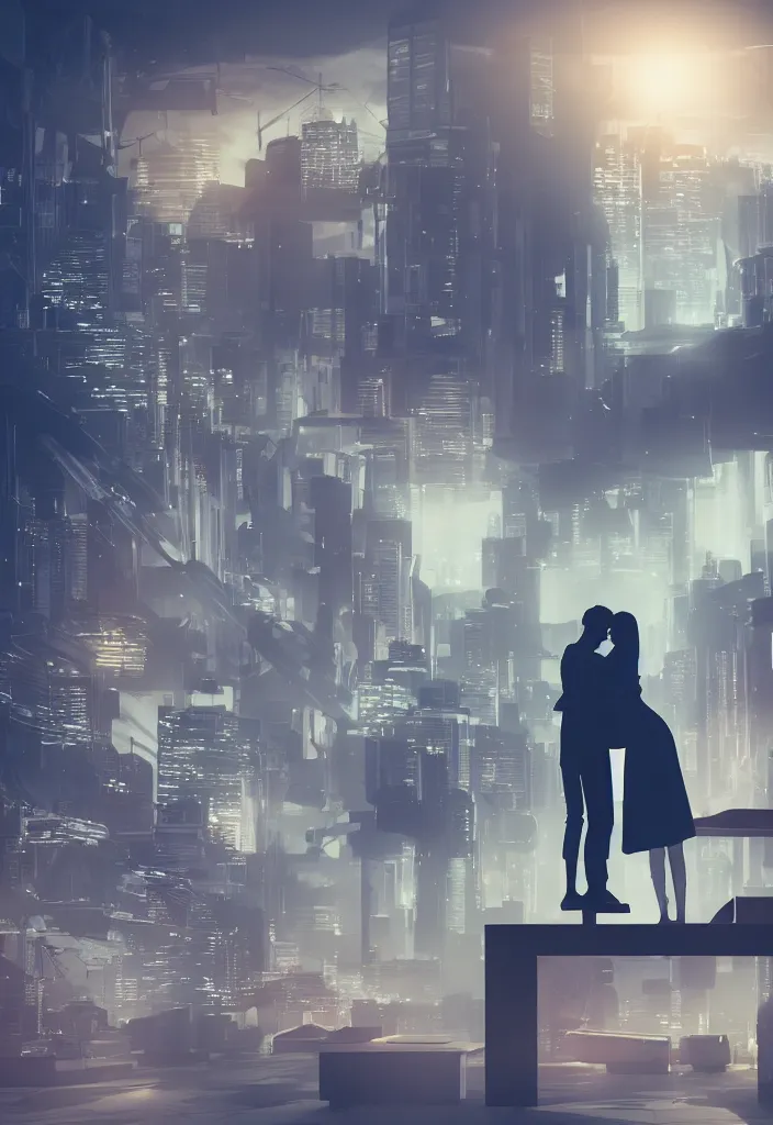 Prompt: silhouette of hugging couple, sitted husband at his futuritic desk, windiw with a futuristic city, rossdraws, global illumination, radiant light, detailed and intricate environment