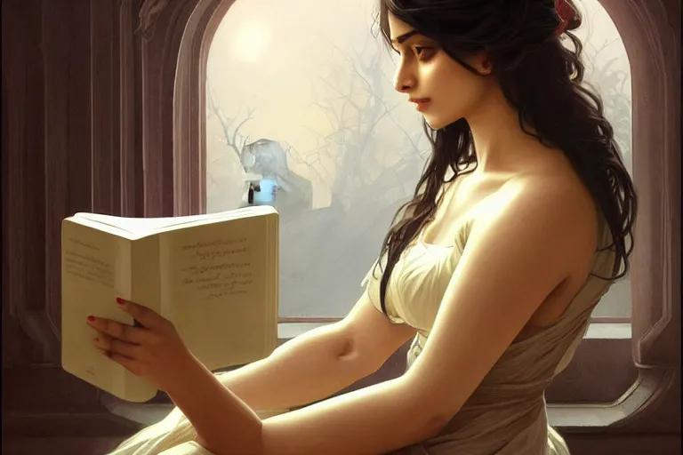 Image similar to sensual good looking pale young bengali girl with soulful eyes reading a novel, portrait, elegant, intricate, digital painting, artstation, concept art, smooth, sharp focus, illustration, art by artgerm and greg rutkowski and alphonse mucha