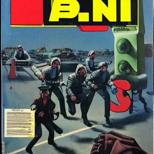 Prompt: 1979 OMNI Magazine Cover bank robbers fleeing the police on foot, Highly Detailed, 8k :4 by Vincent Di Fate : 8