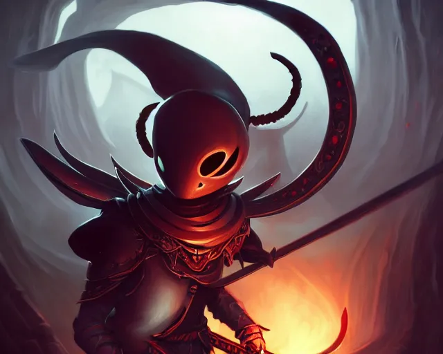 Prompt: photography of hollow knight, red bloody sword, deep focus, d & d, fantasy, intricate, elegant, highly detailed, digital painting, artstation, concept art, matte, sharp focus, illustration, hearthstone, art by artgerm and greg rutkowski and alphonse mucha