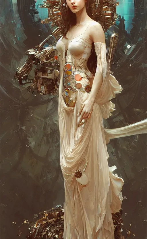Prompt: a beautiful painting of a crowned robotic cyberpunk princess in a flowing gown, intricate, elegant, highly detailed, digital painting, artstation, concept art, by krenz cushart and artem demura and william adolph bouguereau and alphonse mucha