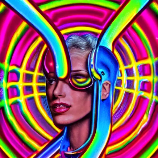 Image similar to nineteen eighties airbrushed portrait of a chrome mobius strip, magazine illustration, vintage, airbrush, bright colors, stylized, neon, retro, science, omni, high detail