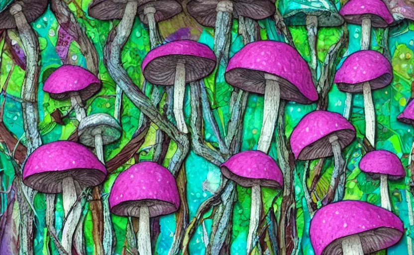 Prompt: hyperdetailed mushrooms, seen from the distance at night. in a wood made of paper and unexpected interesting fabric elements. 8 x 1 6 k hd mixed media 3 d collage in the style of a childrenbook illustration in pastel neon tones. shiny matte background no frame hd