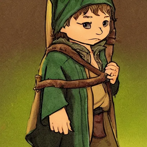 Image similar to a concept art of a cute hobbit boy wearing a dark green cloak with a hood that has fox ears on it holding a fox, trending on artstation, digital art, larry elmore, dungeons and dragons