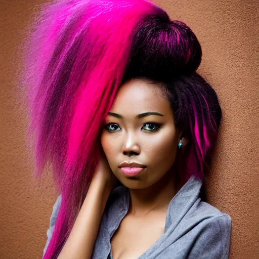 Image similar to Asian-African woman with pink-dyed hair wearing alternative clothing, 8k, portrait
