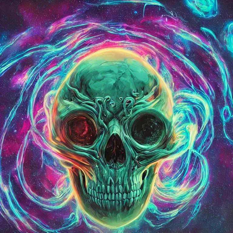 Image similar to a centered giant skull with intricate rune carvings and glowing eyes with thick lovecraftian tentacles emerging from a space nebula by dan mumford, symmetry, twirling smoke trail, a twisting vortex of dying galaxies, digital art, vivid colors, highly detailed