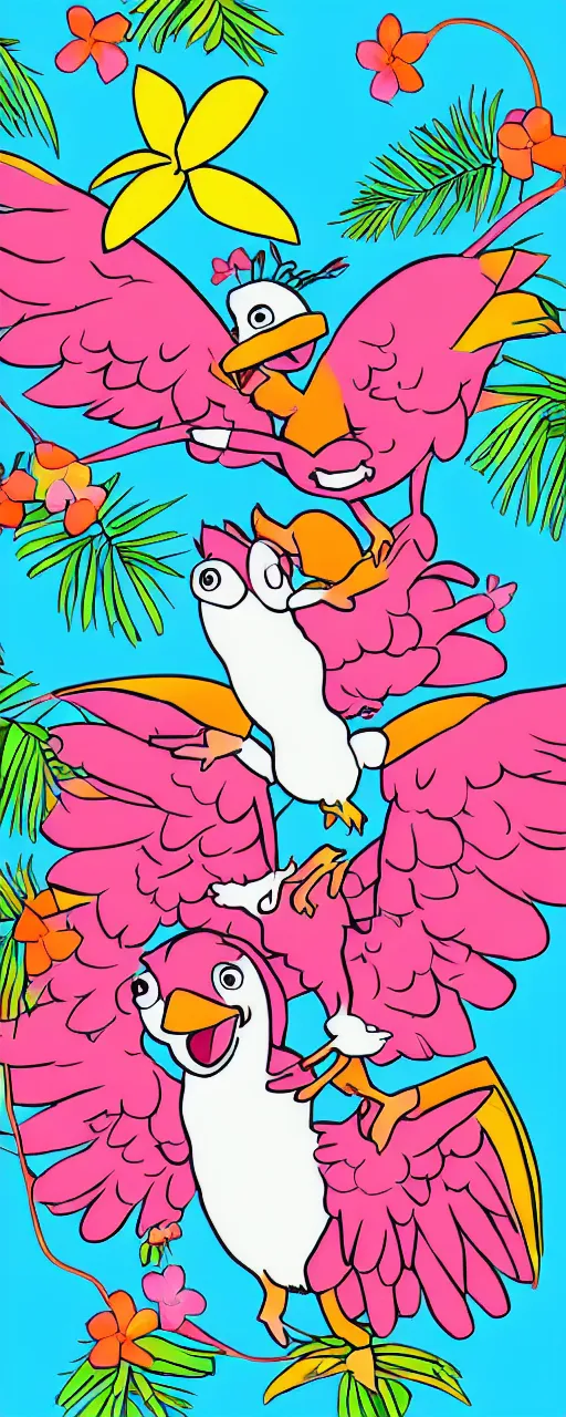 Prompt: cute cartoon chibi anime style illustration of a dodo bird surfing. super cute. tropical. colorful.