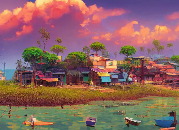 Image similar to kuala terengganu fishing village, summer morning, very coherent and colorful high contrast, art by gediminas pranckevicius, geof darrow, makoto shinkai, dark shadows, hard lighting