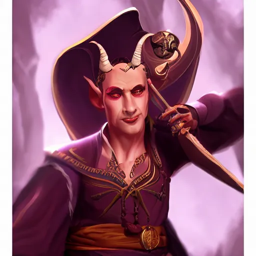 Image similar to fantasy game portrait of a tiefling bard doing a cool pose, sharp, Detail, detailed face,4k, cinematic lighting, in the style of Pablo olivera