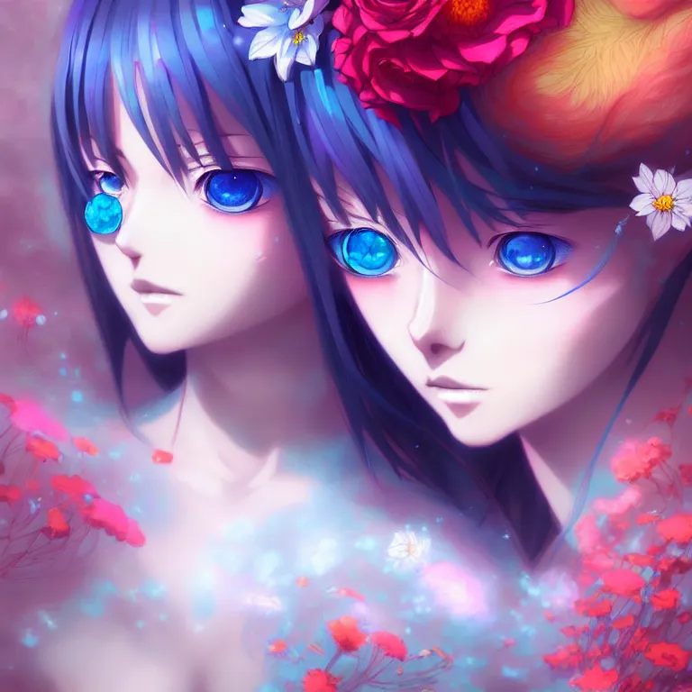 Prompt: stunning anime girl + blue eyes + flowers + colorful atoms, misty, mixed media art by cgsociety, 8 k, high resolution, in the style of charlie bowater, tom bagshaw, symmetrical, insanely detailed and intricate, beautiful, elegant, cinematic,, artstation