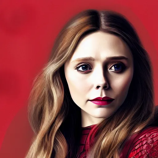 Prompt: ( ( elizabeth olsen ) ) scarlet witch!!, portrait!!!, [ 4 k photorealism ]!!, trending on unsplash