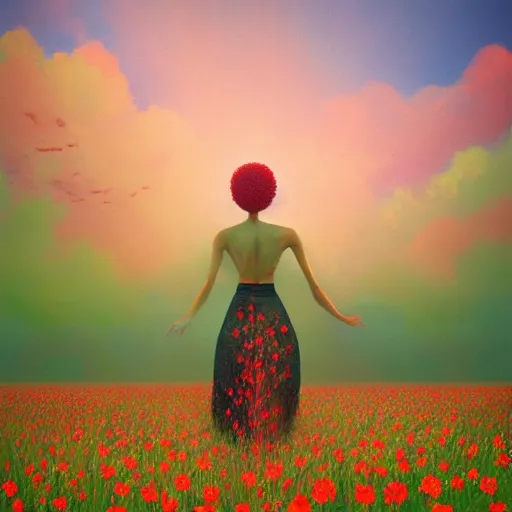 Image similar to giant red flower afro, full body, girl walking in the middle of a field with flowers, surreal photography, hills, sunrise dramatic light, impressionist painting, colorful clouds, digital painting, pointillism, artstation, simon stalenhag