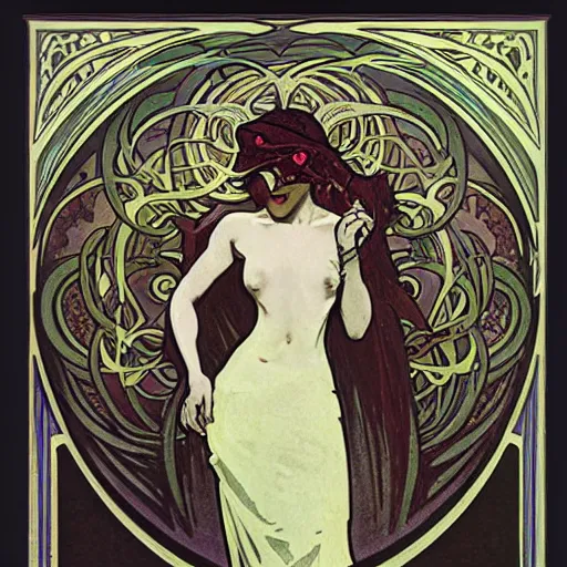 Prompt: eldritch villain by alphonse mucha