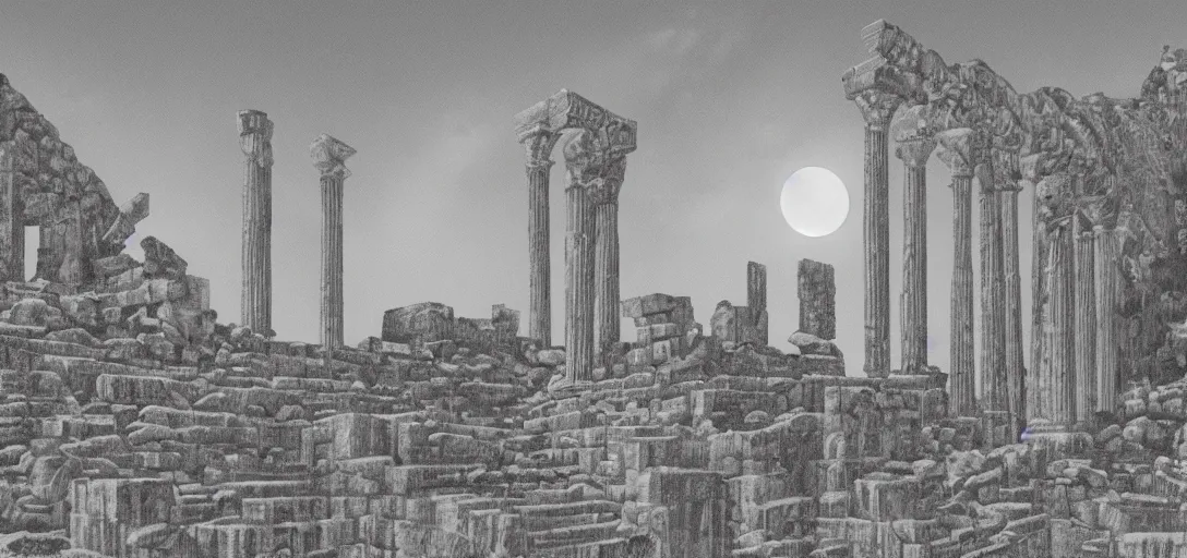 Image similar to The ruins of the Silver Millennium on the moon from Sailor Moon, digital painting, Earth in the distance, Greek-esque columns and ruins