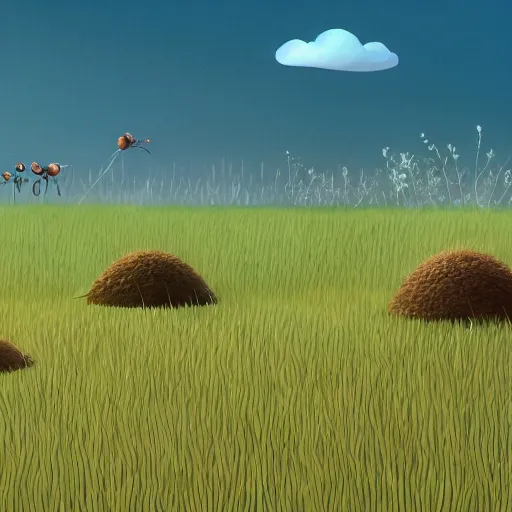 Image similar to Two anthills in the field at a distance, where the ants move food from one to the other, ilustration art by Goro Fujita