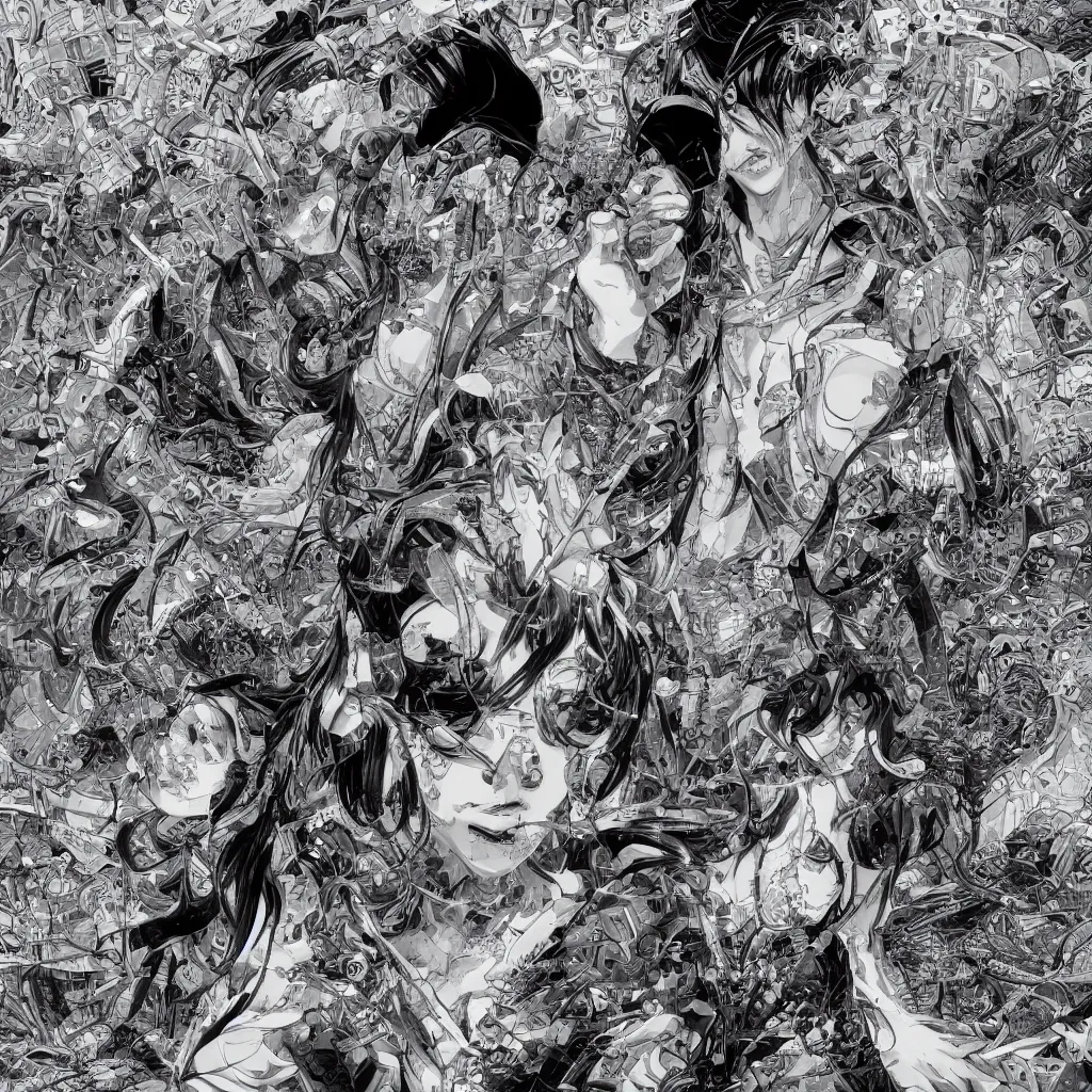 Prompt: holographic interface, in the style of James Jean and Hiroya Oku, manga, extremely detailed, beautiful, epic, 8k, 3d render, photorealistic, black and white