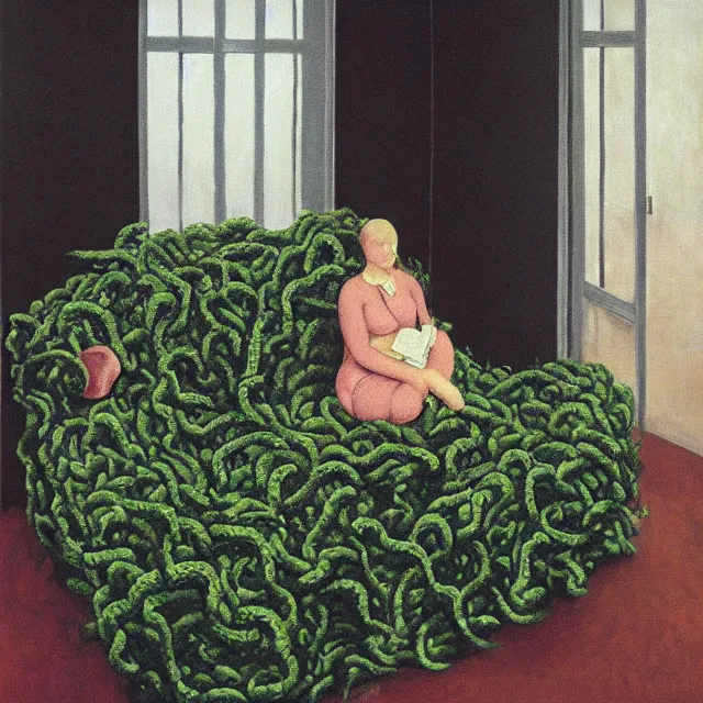 Image similar to a pathology student in her apartment, wrapped in vines, large stones, pig, black walls, black armchair, puddles, moss, acrylic on canvas, surrealist, by magritte and monet