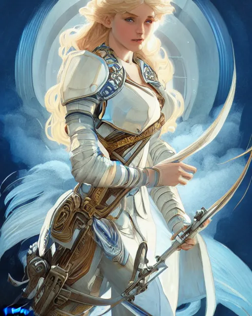 Prompt: movie poster of young blonde girl in blue and white armor, high fantasy, intricate detail, digital painting, artstation, concept art, smooth, sharp focus, illustration, art by Fernanda Suarez and Artem Demura and alphonse mucha