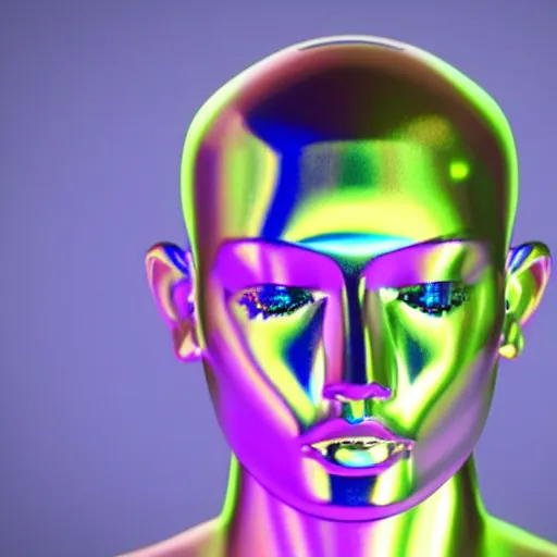 Image similar to 3d render of holographic human robotic head made of glossy iridescent, surrealistic 3d illustration of a human face non-binary, non binary model, 3d model human, cryengine, made of holographic texture, holographic material, holographic rainbow, concept of cyborg and artificial intelligence