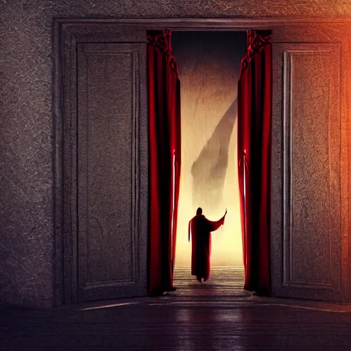 Image similar to a wizard in a cloak standing in front of the door of wisdom, tall door, high ceiling, magic light, cinematic atmosphere, high definition, ultra detailed