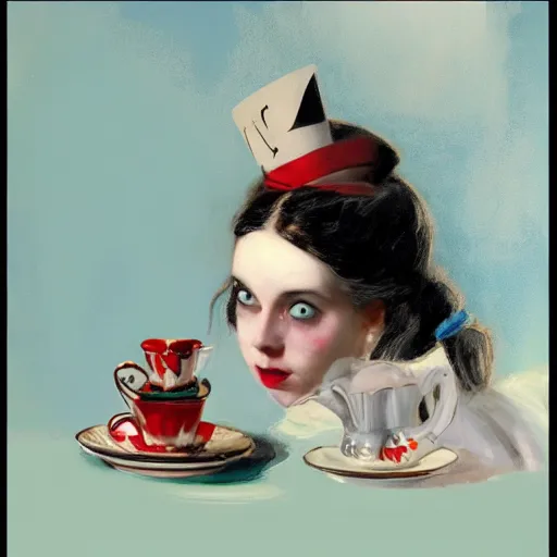 Image similar to tea time, Alice in Wonderland by Malcolm Liepke, hyper realism, 8k, trending on artstation