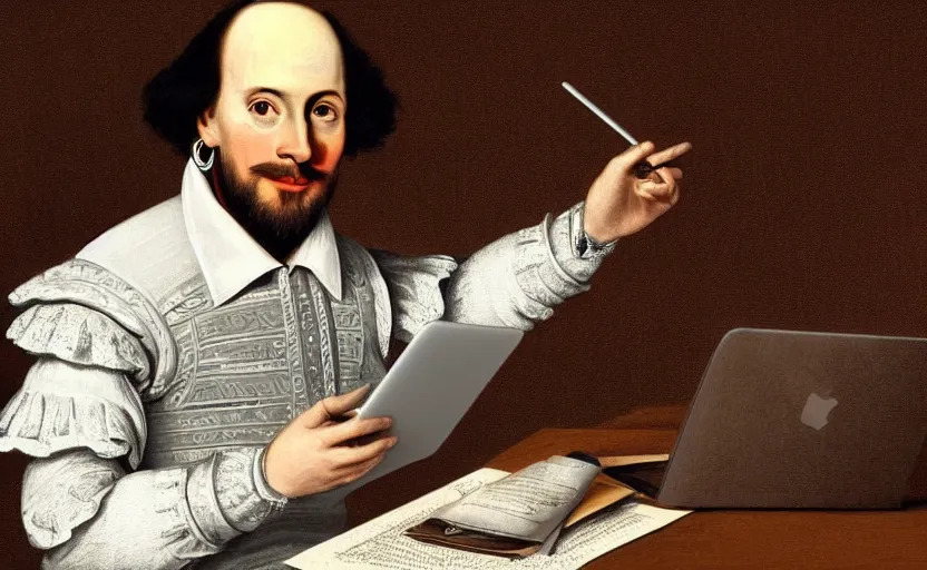 Image similar to William Shakespeare using a MacBook in a Starbucks, 8k, digital art