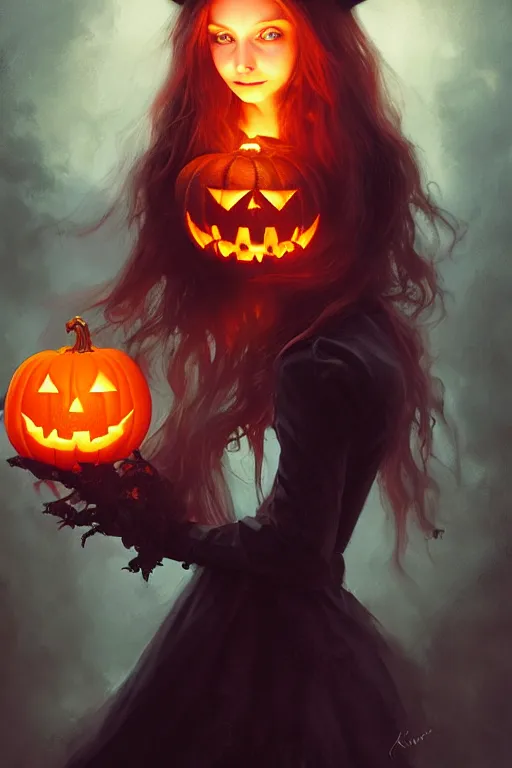 Image similar to portrait of a ghoulish victorian witch holding a jack - o - lantern, halloween night, charlie bowater, artgerm, ilya kuvshinov, krenz cushart, ruan jia, realism, ultra detailed, 8 k resolution