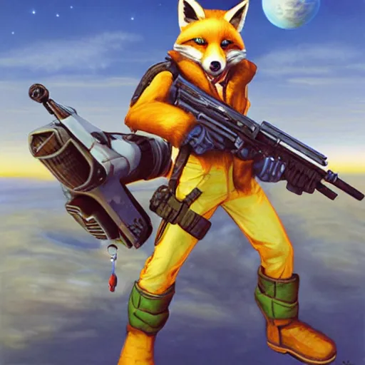 Image similar to an action portrait of fox mccloud holding a blaster, suspenseful, heroic, anthropomorphic furaffinity furry fursona art, star fox, by peter elson