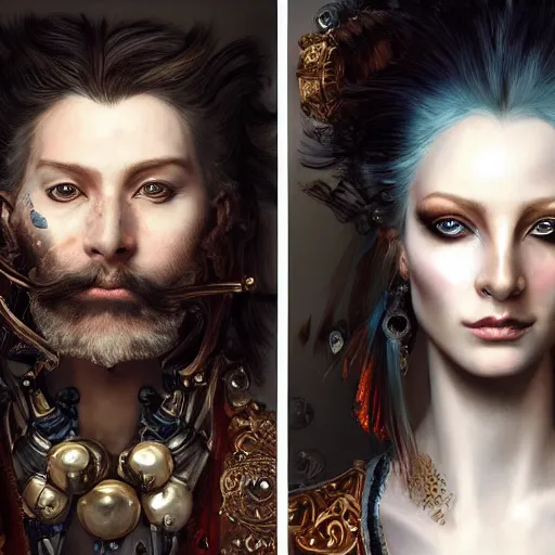 Image similar to portrait, headshot, insanely nice hair style, dramatic hair color, digital painting, of a old 17th century, old cyborg merchant, amber jewels, baroque, ornate clothing, scifi, realistic, hyperdetailed, chiaroscuro, concept art, art by Franz Hals and Jon Foster and Ayami Kojima and Amano and Karol Bak,