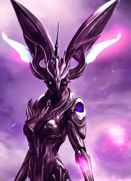 Prompt: cinematic close shot, galactic sized goddess, proportional stunning beautiful hot female warframe, sleek mecha female dragon head, metal ears, led purple eyes, smooth fuschia skin, sleek silver armor, floating in space, holding a galaxy, epic proportions, epic size, epic scale, furry art, dragon art, giantess art, warframe fanart, furaffinity, octane