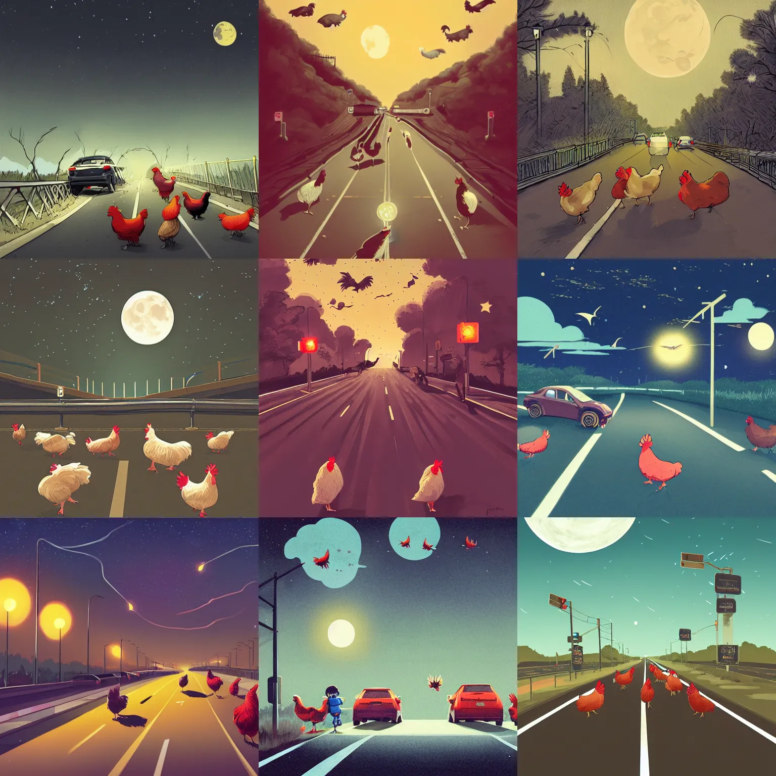 Prompt: chickens crossing a highway, illustration, cortagecore, fence, car, street lamps, moon, stars, clouds, dark, dramatic lighting, trending on Artstation, illustration by James Jean, Ilya Kuvshinov, Loish Van Baarle, sharp, detailed