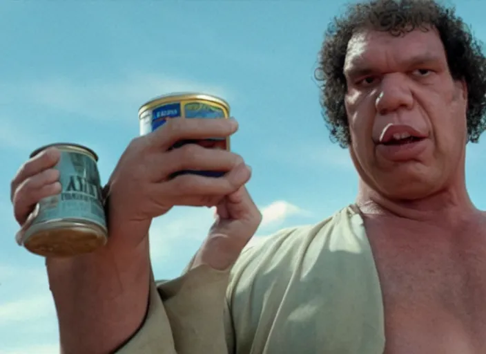 Image similar to film still of Andre the Giant eating a can of beans in the new Lethal Weapon movie, 4k