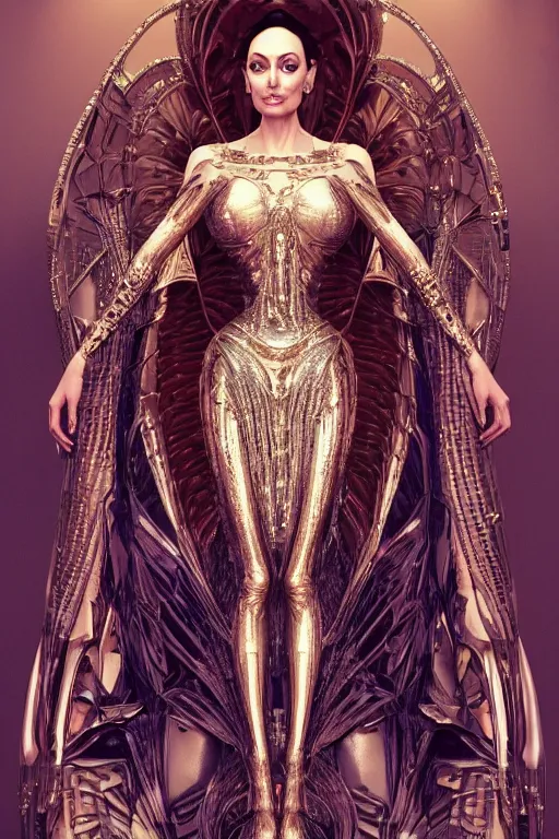 Image similar to a highly detailed 4 k render of a beautiful alien goddess angelina jolie in iris van herpen dress schiaparelli armor in diamonds and lots of jewelry in style of alphonse mucha trending on artstation made in unreal engine 4