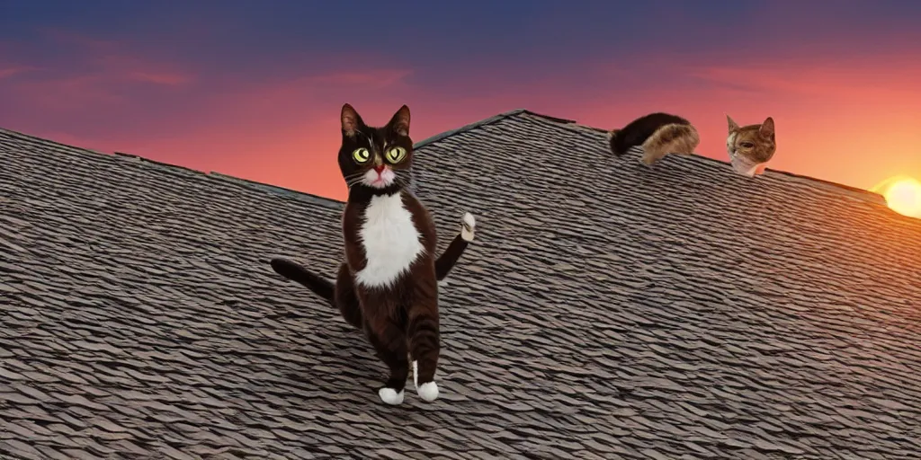 Prompt: cats running on rooftops during sunset