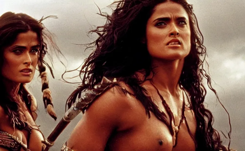 Prompt: epic photo of muscular salma hayek as beautiful barbarian warrior princess with long curly black hair blowing in the wind in a battle scene, sweaty, detailed eyes, neutral expression, shallow depth of field, photorealistic, cinematic lighting, lovely bokeh, warm colours, dusk, movie quality, conan the destroyer 1 9 8 5, movie still