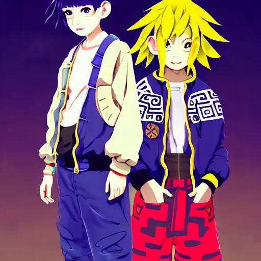 Image similar to majora majora's mask wearing oversized mayan bomber jacket with overalls, bulky poofy bomber jacket with mayan patterns, aztec street fashion, genshin impact art style, gapmoe yandere grimdark, trending on pixiv fanbox, painted by greg rutkowski makoto shinkai takashi takeuchi studio ghibli, akihiko yoshida