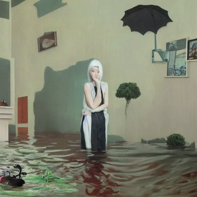 Image similar to tall female emo artist in their flooded apartment, painting of flood waters inside an artist's home, a river flooding indoors, pomegranates, pigs, ikebana, zen, water, octopus, river, rapids, waterfall, black swans, canoe, berries, acrylic on canvas, surrealist, by magritte and monet