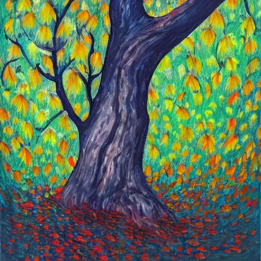 Image similar to a painting of a tree with lots of leaves, an ultrafine detailed painting by rachel reckitt, featured on dribble, metaphysical painting, oil on canvas, acrylic art, detailed painting