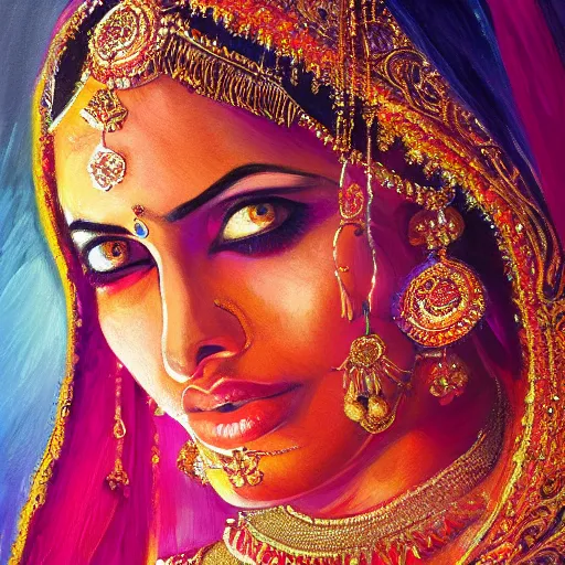 Image similar to Indian Bride, oil painting, portrait, intricate complexity, rule of thirds, face by Artgerm, character concept, dramatic lighting, complementary colors