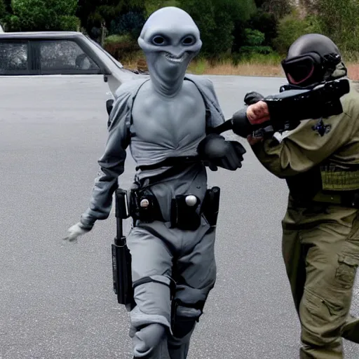 Prompt: extraterrestrial grey alien, being arrested by special forces