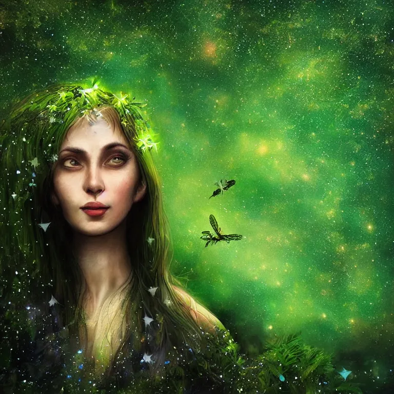 Image similar to beautiful portrait of a single woman with fireflies and stars in her hair, blooming green slopes and lianas in the background, highly detailed, hdr, 8 k resolution, fantasy art, trending on instagram