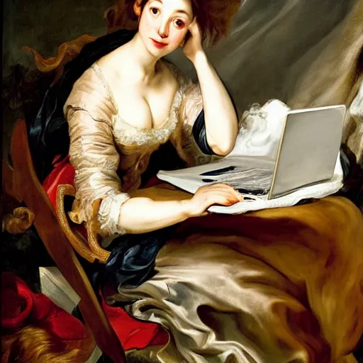 Image similar to heavenly summer sharp land sphere scallop well dressed lady working on her laptop auslese, by peter paul rubens and eugene delacroix and karol bak, hyperrealism, digital illustration, fauvist, looking at her imac laptop