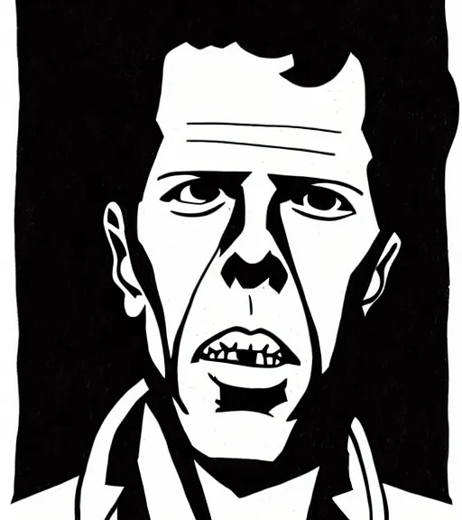 Image similar to portrait of Tom Waits artwork created by Mike Mignola, shaded ink illustration