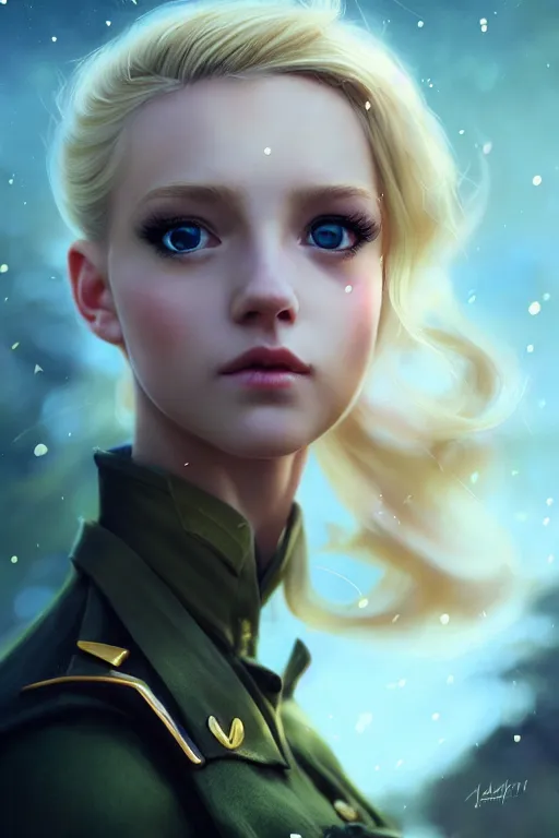 Image similar to cinematic shot of an epic portrait of a cute blonde fairy dressed in military clothes, stylised military clothes, shiny skin, beautiful eyes, beautiful, small details, night setting, realistic poster with volumetric light from craig mallism, artgerm, jeremy lipkin and michael garmash, unreal engine, radiant light, digital art, trends at art station, a masterpiece